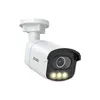 A white security camera with a black faceplate and blue accents, mounted on a white bracket, against a white background. Produktbild-Vorschau