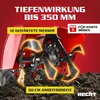 A red rototiller is shown digging into soil, with glowing blades and text overlays highlighting its features. Produktbild-Vorschau