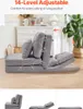 A gray floor sofa is shown in a room with furniture and plants in the background. Text overlays highlight adjustable features. Náhled obrázku produktu
