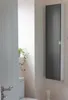 A narrow cabinet is mounted on a wall next to a toilet in a bathroom. A plant is visible on a windowsill. Produktbild-Vorschau