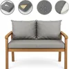 A set of grey cushions for a garden sofa, displayed on a wooden frame. The top of the image shows four circular diagrams illustrating product features. Anteprima dell’immagine prodotto