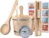 A collection of wooden sauna accessories, including a bucket, ladle, thermometer, hourglass, and instructional cards. Anteprima dell’immagine prodotto