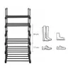 A product image showing a black shoe rack with dimensions and illustrations of different shoe types. Náhled obrázku produktu