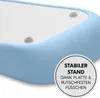 Close-up of a light blue product with gray feet, featuring a circular overlay with German text. Anteprima dell’immagine prodotto