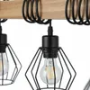 Close-up of a pendant light fixture with a wooden beam and black metal cage shades. Náhľad obrázku produktu