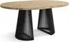 A product shot of an oval dining table with a light wood top and a black metal base. Podgląd zdjęcia produktu