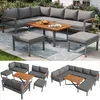 Collage of outdoor furniture sets, including sofas, chairs, and tables, arranged in different configurations and on different backgrounds. Voir les images du produit