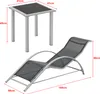 A table and a lounge chair with dimensions indicated. Voir les images du produit