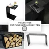 Collage of four images showing a black metal side table in different settings and uses. Produktbild-Vorschau