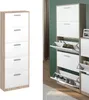 A white and wood-tone shoe cabinet with multiple flip-down compartments, some of which are open to reveal shoes inside. The cabinet is shown in a room with a green wall and a curtain. Produktbild-Vorschau