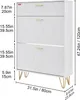 A white shoe cabinet with gold handles and legs, shown with dimensions indicated by measurement lines and text. Produktbild-Vorschau