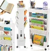 A collage of three white rolling storage carts filled with books and office supplies. Produktbild-Vorschau