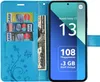 A blue wallet-style phone case with credit cards and a banknote inserted, displaying a smartphone with product specifications. Produktbild-Vorschau