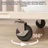 A close-up of a caster wheel on a piece of furniture, with text overlay describing its features. Produktbild-Vorschau