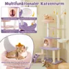 A multi-level cat tree with various features and accessories, shown with cats interacting with it. Podgląd zdjęcia produktu