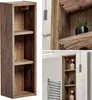 Collage of images showing a tall, narrow wooden cabinet with shelves, a close-up of the cabinet interior with a small plant, and a wider view of a bathroom with the cabinet installed next to a mirror and towel rack. Produktbild-Vorschau