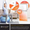 A pregnant woman is doing yoga on a blue exercise ball in a living room. An advertisement for an infrared heater is shown with text and graphics. Produktbild-Vorschau