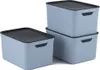 Three blue storage boxes with black lids are stacked and arranged on a white background. Produktbild-Vorschau