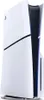 A white and black Sony PlayStation 5 console is shown standing vertically on a white background. Produktbild-Vorschau
