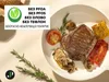A cooked meal of steak, vegetables, and corn on a plate, with rosemary sprigs and a label indicating the product is free of harmful chemicals. Náhľad obrázku produktu