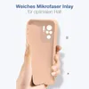 A hand holding a pink phone case with a microfiber inlay. Produktbild-Vorschau