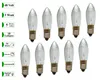 A set of 10 small, clear incandescent light bulbs with gold-colored bases, arranged in two rows on a white background. To the left of the bulbs are several green rectangular labels with white text indicating product specifications. Produktbild-Vorschau