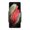 A black wireless charger pad with a smartphone placed on it. Produktbild-Vorschau
