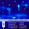 A close-up of blue LED string lights with a USB connector and a list of working modes. Produktbild-Vorschau