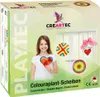 A product box for a craft kit, featuring a young girl holding a heart-shaped craft and examples of finished crafts hanging on a door. Produktbild-Vorschau
