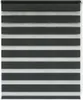 A close-up view of a window blind with alternating opaque and sheer horizontal stripes.