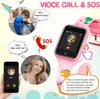 A collage of images demonstrating the features of a pink children's smartwatch, including voice calls, SOS function, and GPS tracking. Produktbild-Vorschau