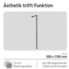 A diagram showing a black wall-mounted coat rack with dimensions and material information. Produktbild-Vorschau