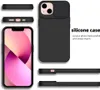 A black silicone phone case with a sliding camera cover is shown from multiple angles, alongside a smartphone displaying a pink abstract image. Produktbild-Vorschau