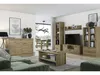 A modern living room with a TV stand, coffee table, and shelving unit, all in a Navarra oak finish. A green sofa is in the foreground. Náhled obrázku produktu