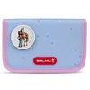 A light blue pencil case with a pattern of small pink hearts and a diamond grid. A circular image of a girl and a horse is on the left side. A red oval logo with white text is on the bottom center. Produktbild-Vorschau