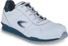 A single white safety shoe with blue accents is shown against a white background. Produktbild-Vorschau