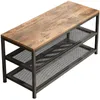 A three-tiered shoe rack with a wooden top and metal mesh shelves, presented against a white background. Podgląd zdjęcia produktu