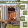 Outdoor curtains hanging on a pergola, with text overlays highlighting features. Voir les images du produit