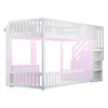 A white bunk bed with pink accents and integrated storage stairs, shown from a side-angle. Voir les images du produit