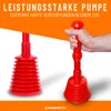 A hand is holding a red plunger, with another red plunger visible in the background. An orange banner with text is at the top. Produktbild-Vorschau