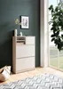 A white shoe cabinet with storage compartments is placed in a room with a dark green wall and a large window. Produktbild-Vorschau