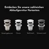 Four different drain fittings are displayed side-by-side against a black background, each with a label indicating its finish. Produktbild-Vorschau
