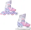 A collage of two pairs of children's skates, one inline skates and one ice skates, presented against a white background. Produktbild-Vorschau