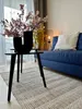 A living room scene with a blue sofa, a coffee table with a vase of flowers, and a rug. Produktbild-Vorschau