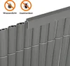 Close-up of a gray PVC fence screening material with a top profile piece. Produktbild-Vorschau
