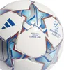 A close-up view of a white soccer ball with blue and silver star-shaped designs. Produktbild-Vorschau