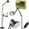A collage of images showing a black floor lamp, its packaging, and close-ups of its components. Produktbild-Vorschau