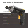 A black and gray electric screwdriver with yellow accents, with labels pointing out its features. Produktbild-Vorschau
