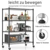 A black metal wire shelving unit filled with kitchen appliances and cookware, with close-up diagrams of the feet and wheels on the right side. Produktbild-Vorschau