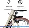 Close-up of a bicycle's front wheel, fender, and frame, with text overlays describing features. Produktbild-Vorschau